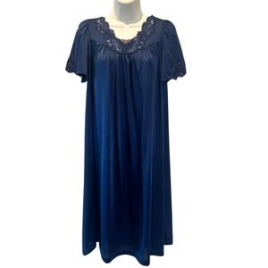 Shadowline Vintage Navy Blue Lace Trim Nightgown Floral Embroidery Small